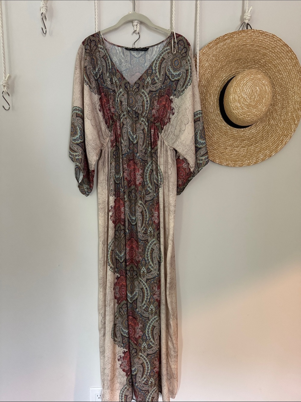 Zara Cream Maxi Dress with Red and Teal Paisley